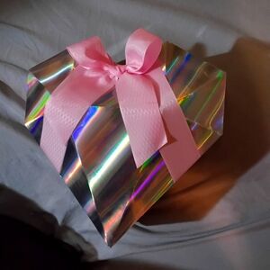 Holographic Heart-Shaped Storage Box with Pink Ribbon